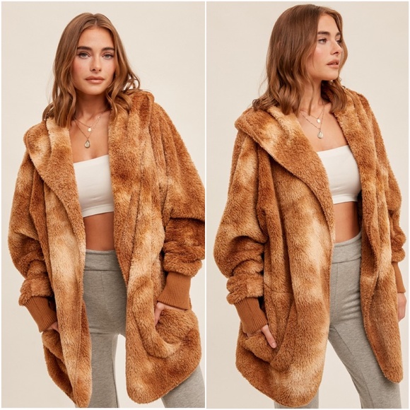 054 Cozy Tie Dye Teddy Open Front Oversized Hoodie Jacket